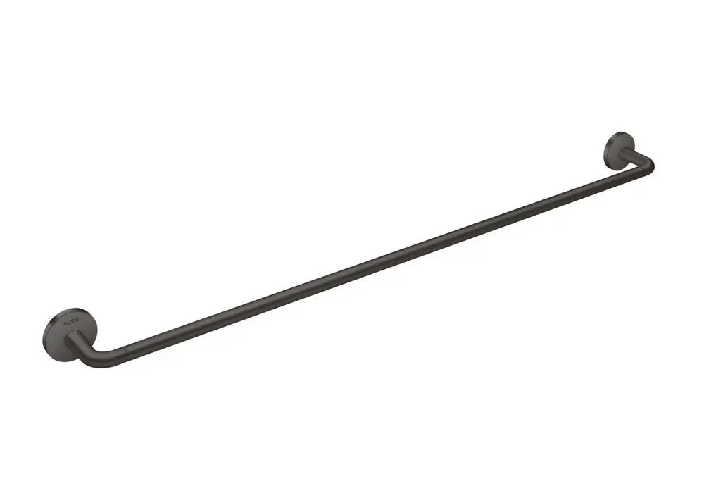 Schwarzer Handtuchhalter von AXOR, aus gebürstetem Metall, mit zwei runden Wandhalterungen an jedem Ende und langer, gerader Stange in der Mitte.